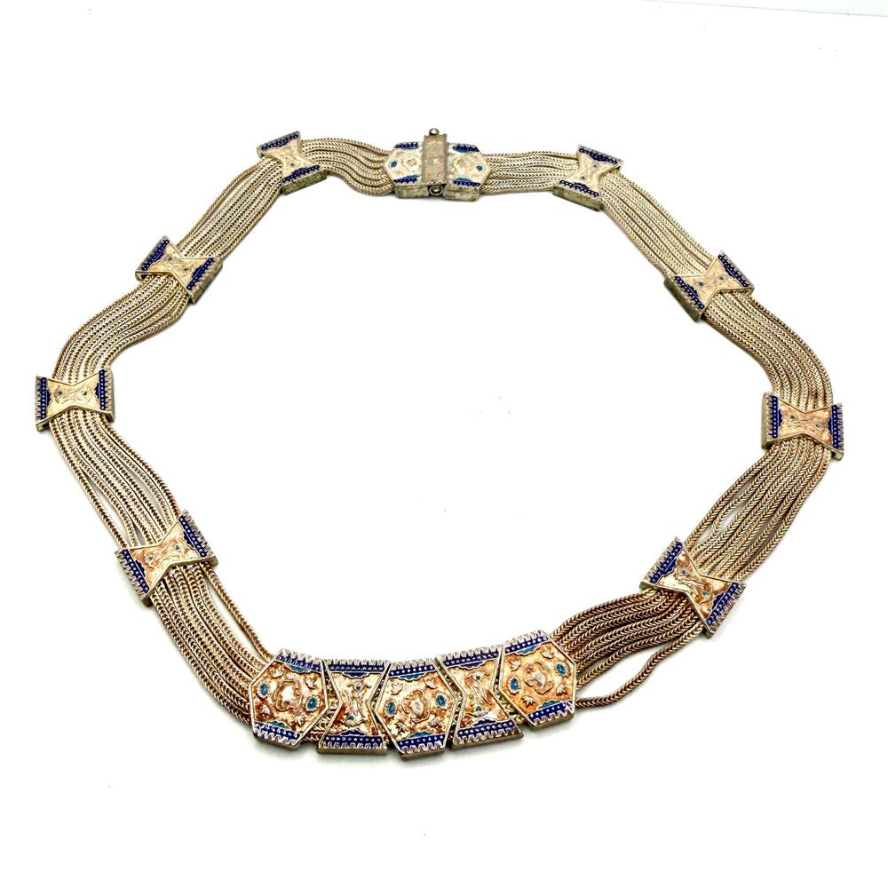 Vintage 60s Stamped Sterling Silver Turkish Trabzon Enamel Multi Strand Necklace